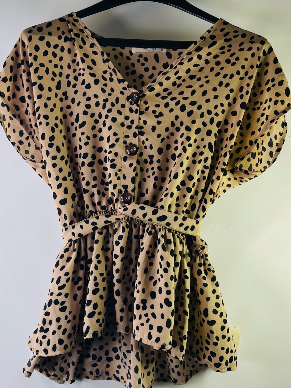 Wild Love Cheetah Print Blouse Peplum Siloutte Cinch Belted Waist